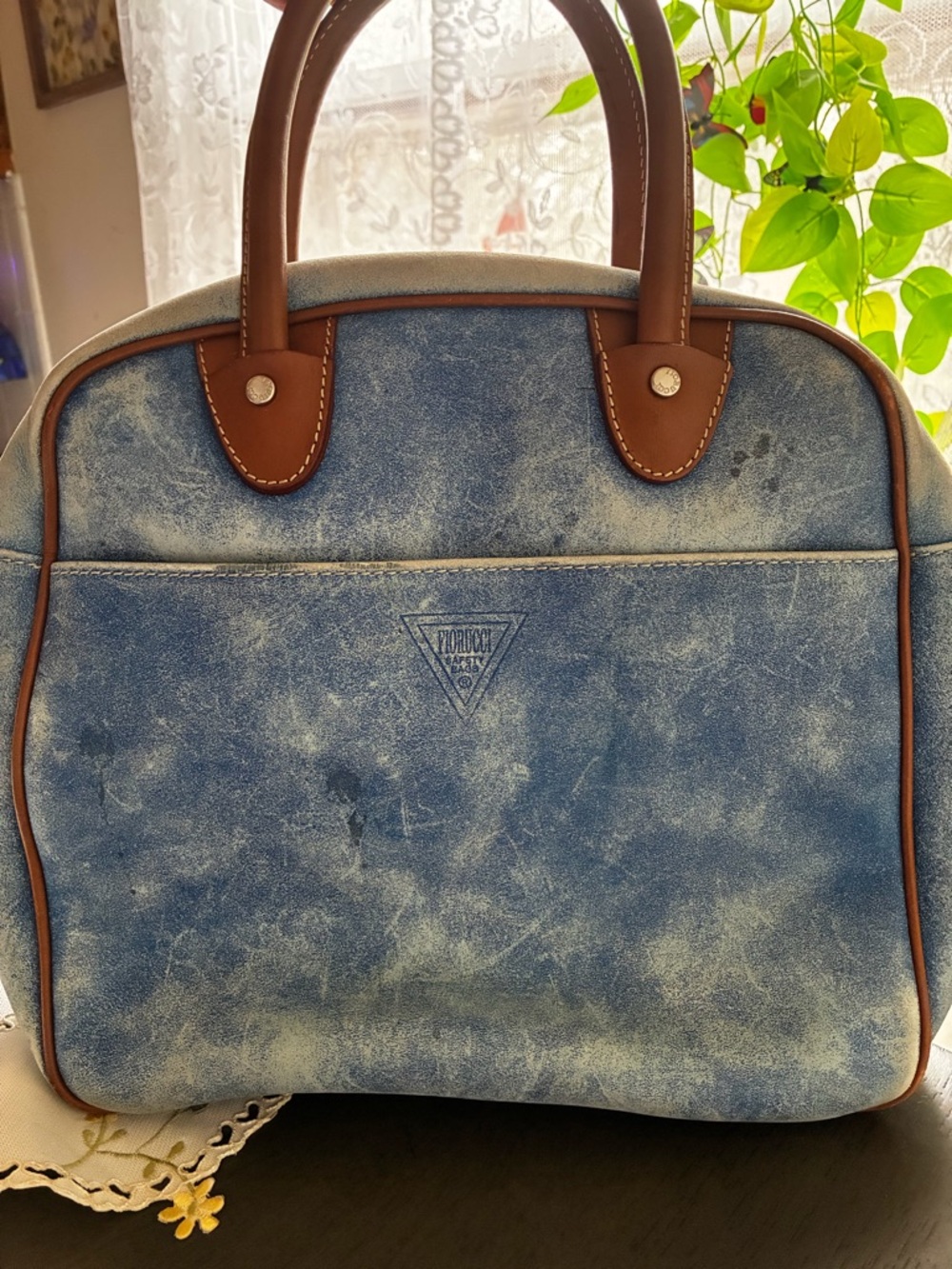 Rare Vintage Fiorucci Safety Bag Blue Distressed Y2K Toe Brown Leather Handles